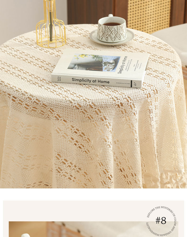 American Pastoral Cotton Woven Tablecloth Lace Hollow Crochet Tassel Dining Tablecloth French Cover Cloth Vintage Ins Tablecloth