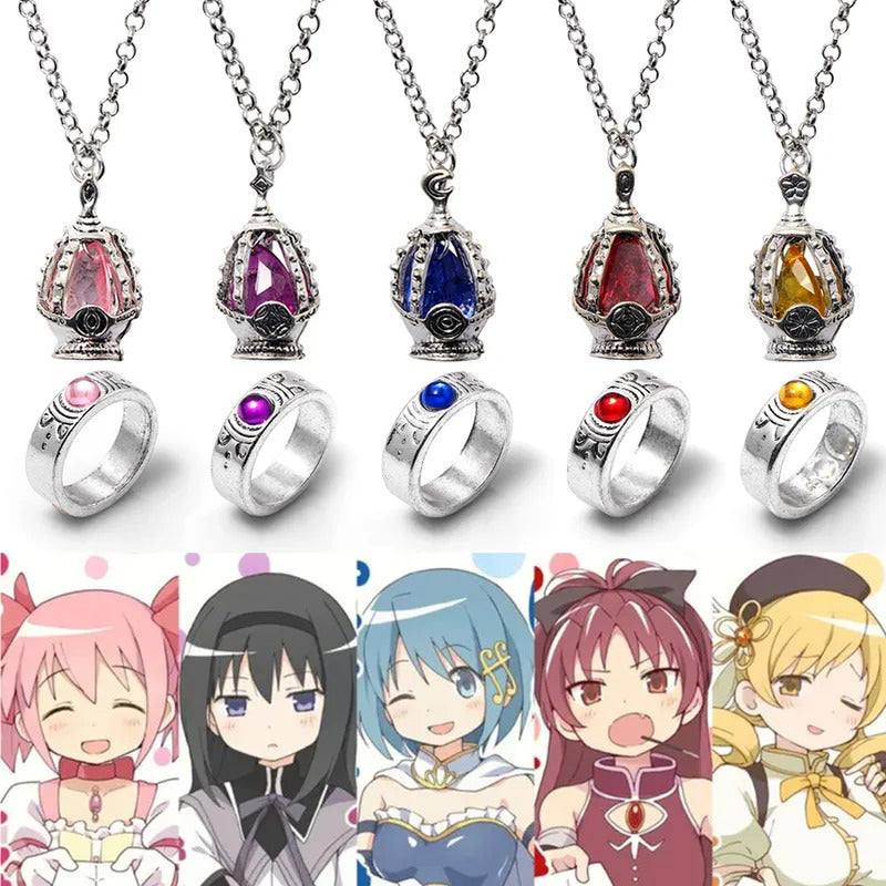 Anime Puella Magi Madoka Magica Soul Gem Necklace Crystal Pendant Ring Cosplay Costumes Lovers Jewelry Set Accessoies Prop