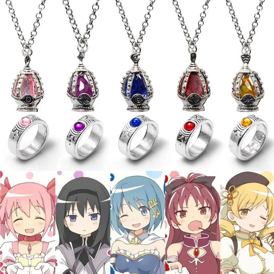Anime Puella Magi Madoka Magica Soul Gem Necklace Crystal Pendant Ring Cosplay Costumes Lovers Jewelry Set Accessoies Prop