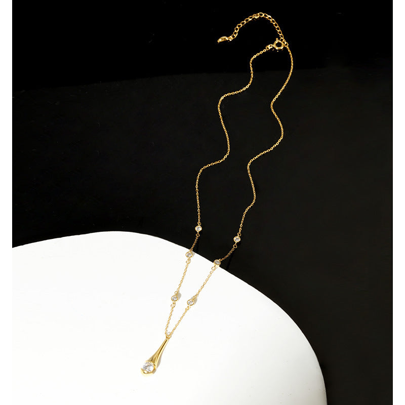 925 Sterling Silver Women's Shiny Water Drop Collarbone Chain High-end Niche Design Ins Style Necklace