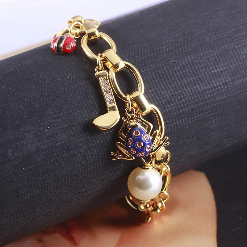 Jewelry Enamel Glaze Fun Cute Frog Ladybug Letter Flag Pearl Multi Pendant Bracelet