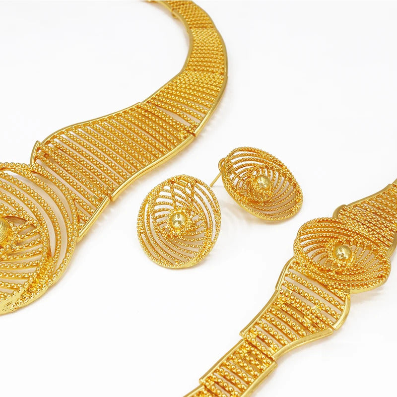 Africal Gold Color Big Jewelry Set Hollow Out Design Necklace Bracelet Earring Ring For Women Bridal Wedding Jewellery Gift