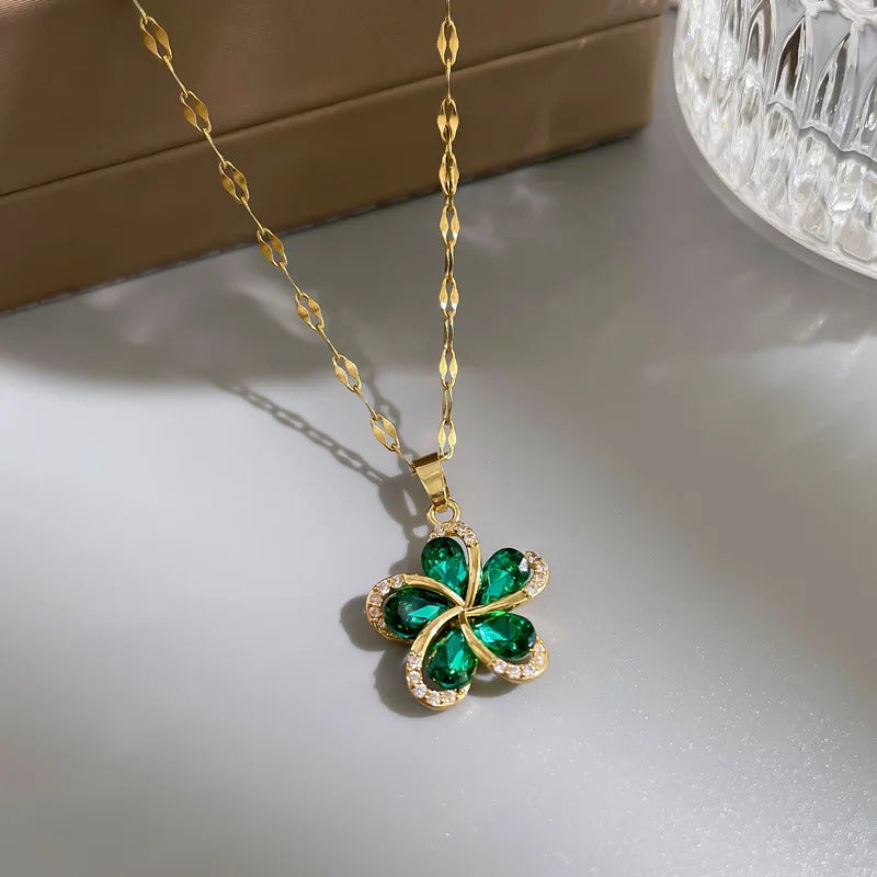 Stainless Steel Green Zircon Flowers Pendant Necklace For Women New Luxury Girls Lucky Chain Birthday Jewelry Gifts
