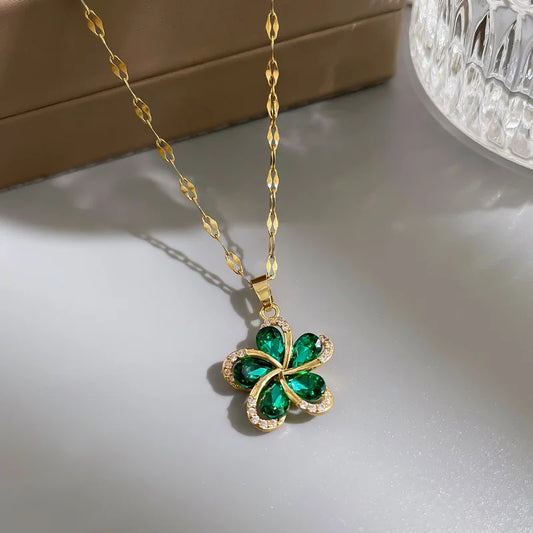 Stainless Steel Green Zircon Flowers Pendant Necklace For Women New Luxury Girls Lucky Chain Birthday Jewelry Gifts
