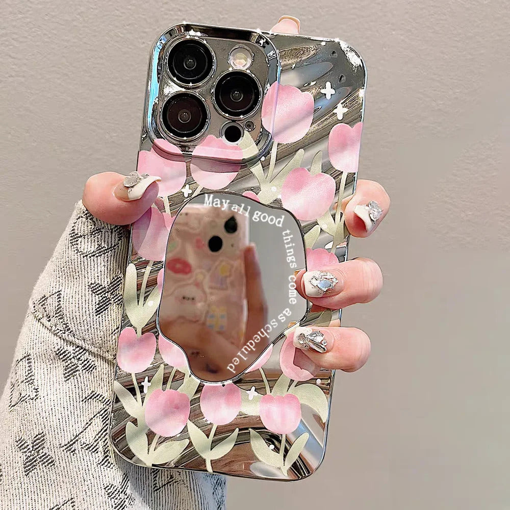 Pink Tulip Flower Phone Case For iPhone 11 Case iPhone 16 13 12 14 15 Pro Max Plating Make Up Mirror Wavy Soft Shockproof Cover