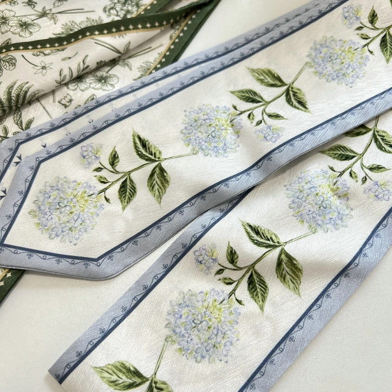 High-Grade Flower Print Long Silk Scarf Hair Band Ribbon Tied-up Hair Long Bow Vintage Satin Ribbon Hair Accessories For Women
