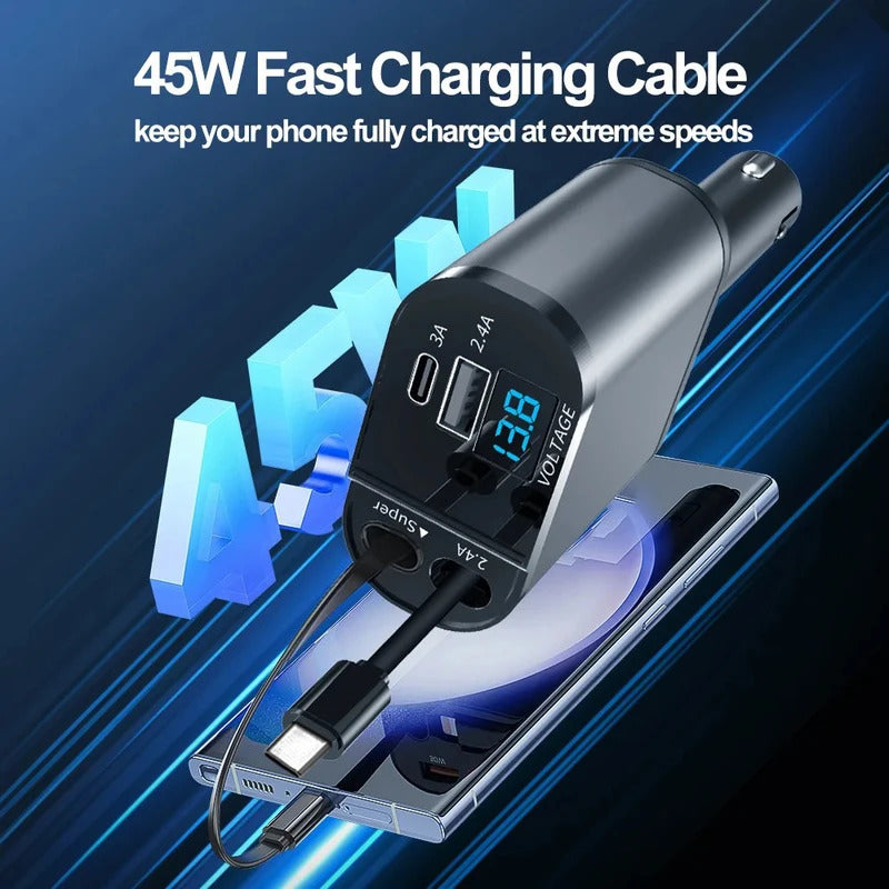 120W Car Charger 4 in 1 Retractable Fast Charging Car Phone Charger Cigarette Lighter Adapter USB C Cable for iPhone Xiaomi Poco