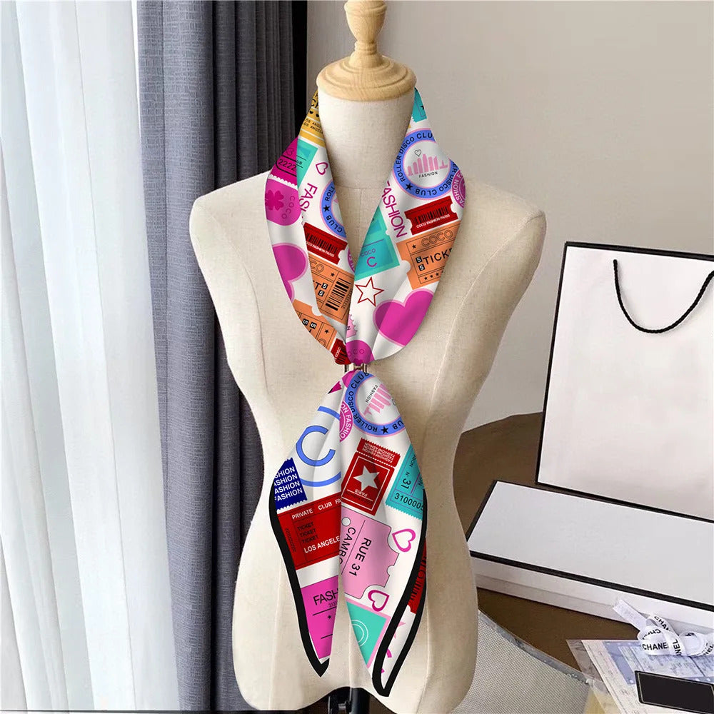 Fashion Graffiti Neckerchief Luxury Square Scarf for Women Silk Shawl Satin Hijab Wraps Hair Bands Headband Bandana Ribbon