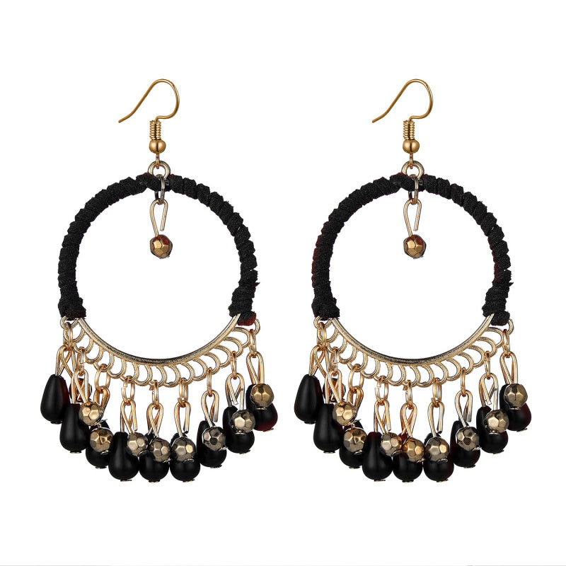 Ethnic Style Handwoven Earrings Bohemian Retro Round Water Drop Tassel Earrings