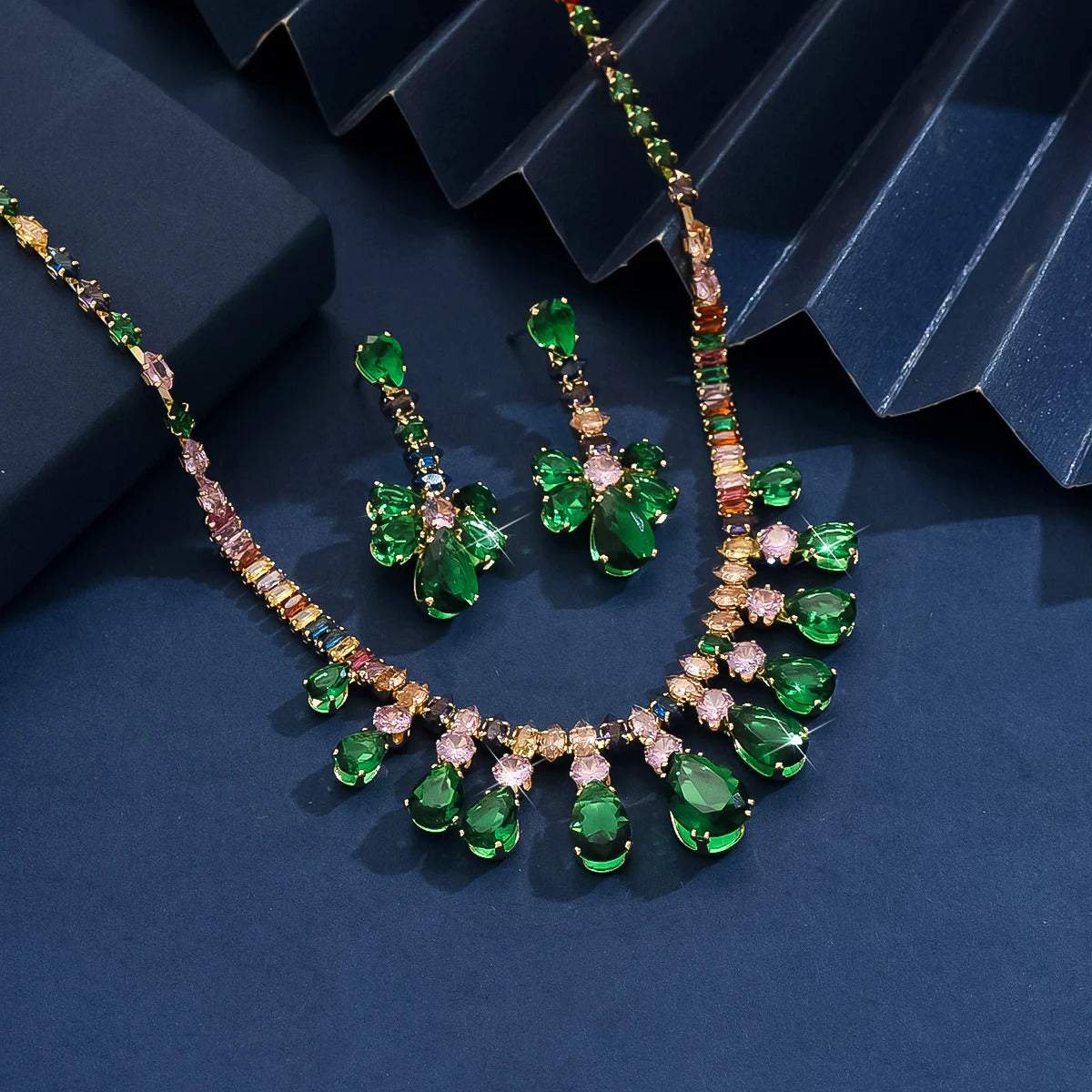 3PC Women's Fashion Zircon Water Drop Necklace Earrings Jewelry Set Design Sense Wedding Party Festival Gift-8563