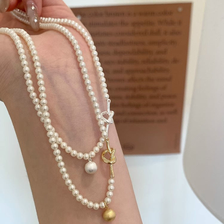 S925 Sterling Silver Brushed Round Ball Pendant Pearl Necklace for Women, Niche Design, Versatile, High-End Clavicle Chain