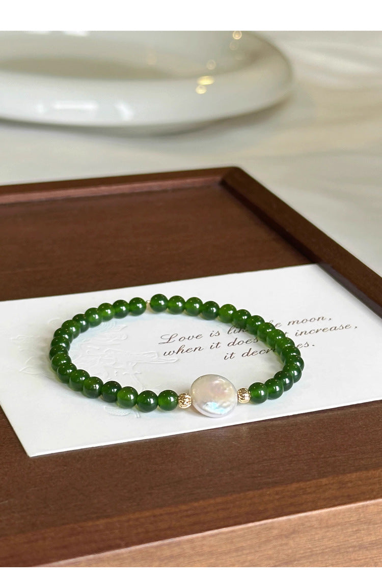 Green Agate Chalcedony Natural Pearl Bracelet Summer Women's High-end Niche New Chinese Style Bracelet Non-fading Jewelry