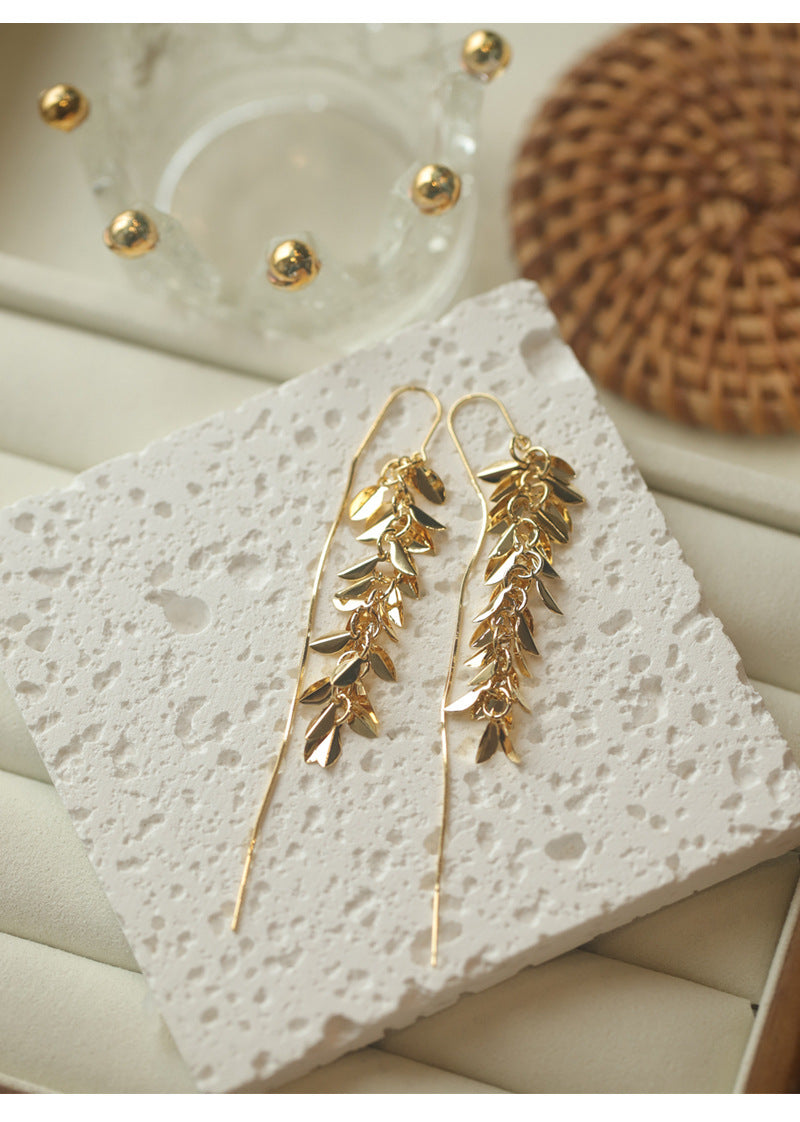 Unique Design Gold Wheat Ear Long Tassel Earrings Ear Thread Light Luxury Elegant Fashion Minimalist Style Earrings