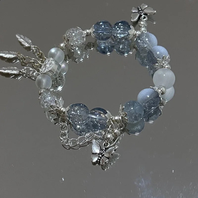 Light Luxury Purple Glass Crystal Beaded Bracelets for Women Chic Butterfly Tassel Pendant Bracelets Sweet Girl Wrist Jewelry