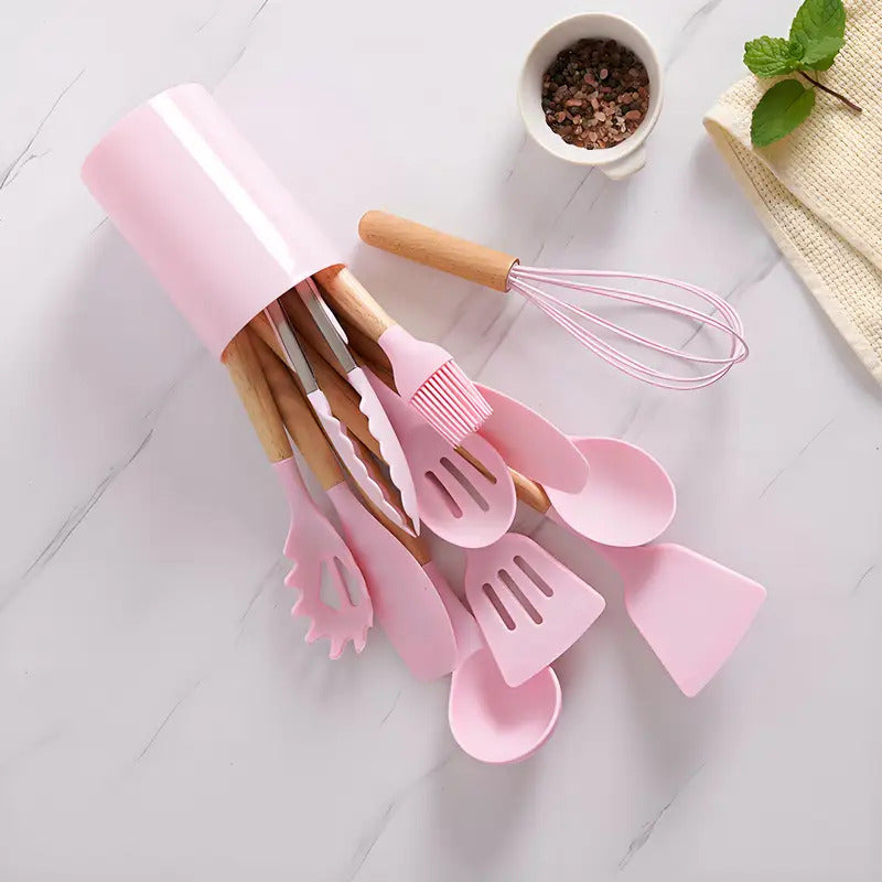 12pc Chef Silicone Tools - Wooden Handle Utensils for Pots/Pans ✔Dishwasher Safe & BPA-Free (Includes Storage Caddy)