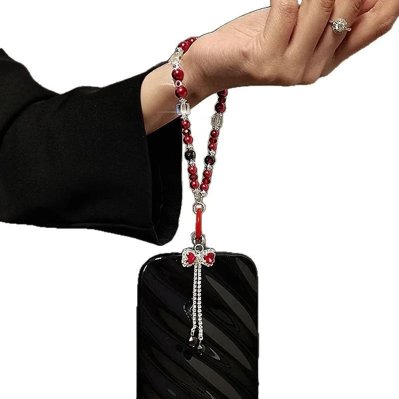 Luxury High-End Flash Diamond Bow Tassel Mobile Phone Chain Crystal Beaded Mobile Phone Lanyard Short Wrist Holding Chain