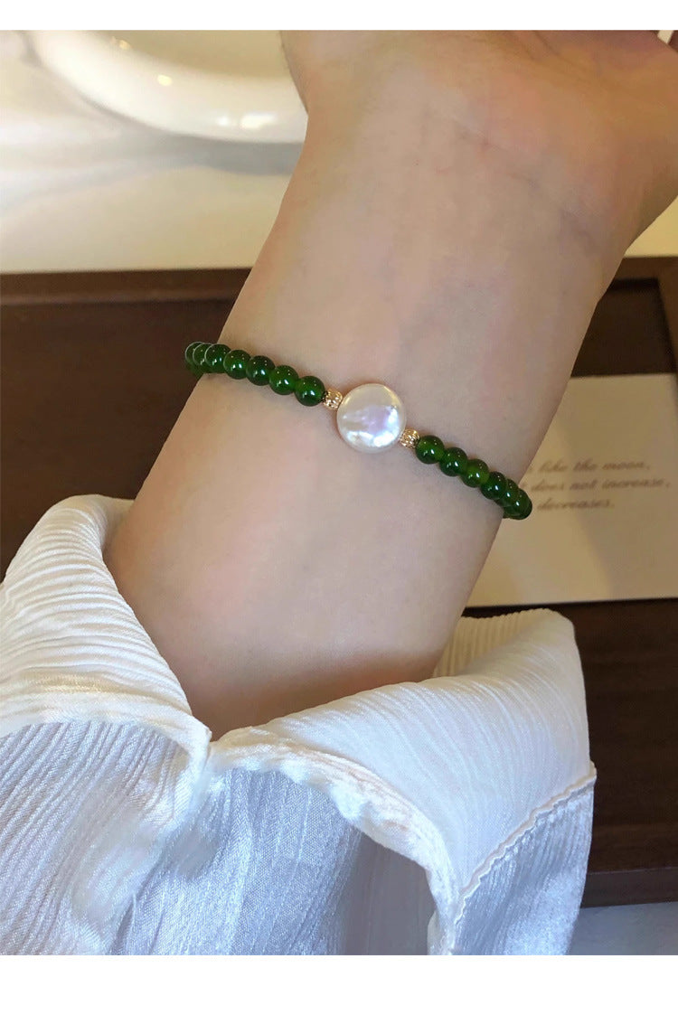 Green Agate Chalcedony Natural Pearl Bracelet Summer Women's High-end Niche New Chinese Style Bracelet Non-fading Jewelry