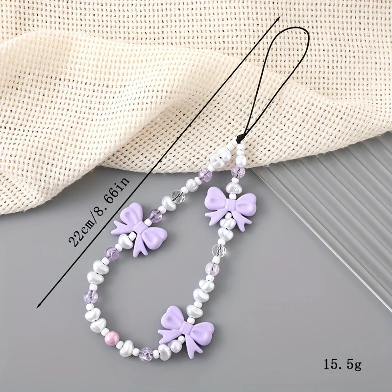 Korean Kawaii Pink Bowknot Beaded Phone Chain Fashion Delicate Keychain For Women Girls Sweet Bag Decoration Accessories Gifts