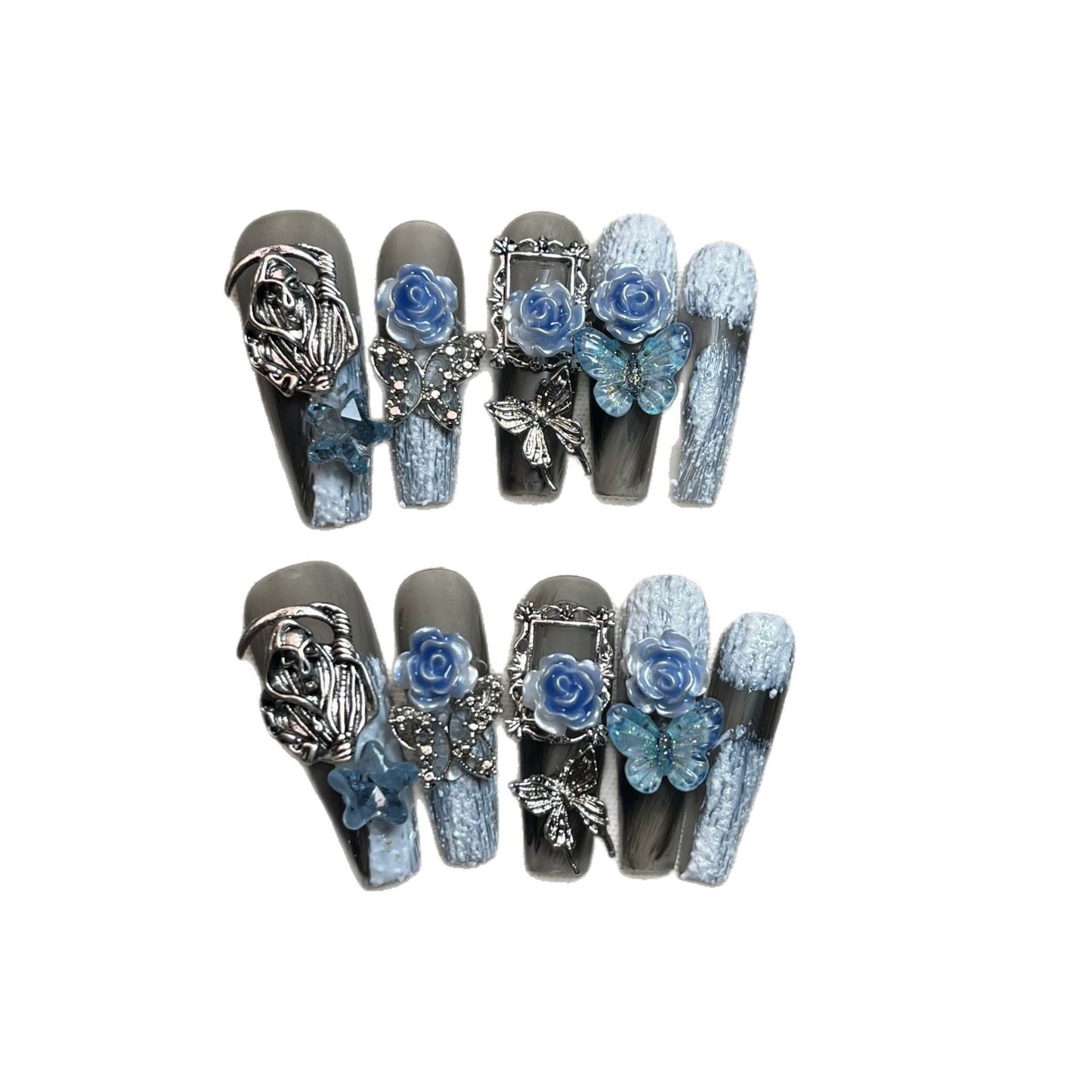 Wearable Nails Heavy Craft Light Luxury Full Diamond Blue Night Rose Star Moon Sparkling Long Fake Nail Stickers Cross-Border Hot Sale