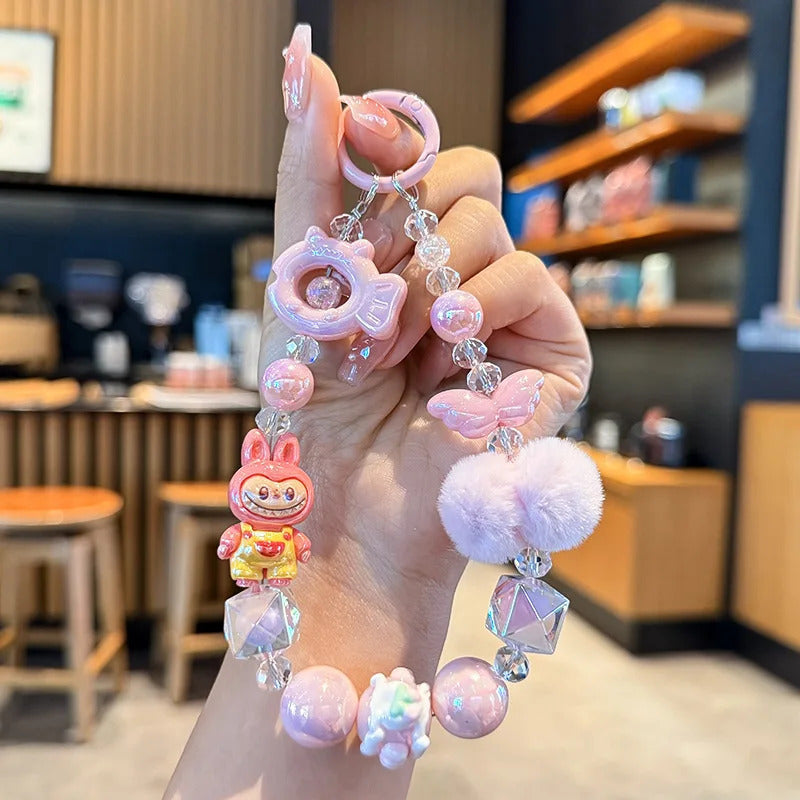 New Labubu wool ball bead Phone Chain Girls Kawaii Cartoon Backpack Pendant Cute Keychain Lanyard Bag Charm Mobile Case Gift