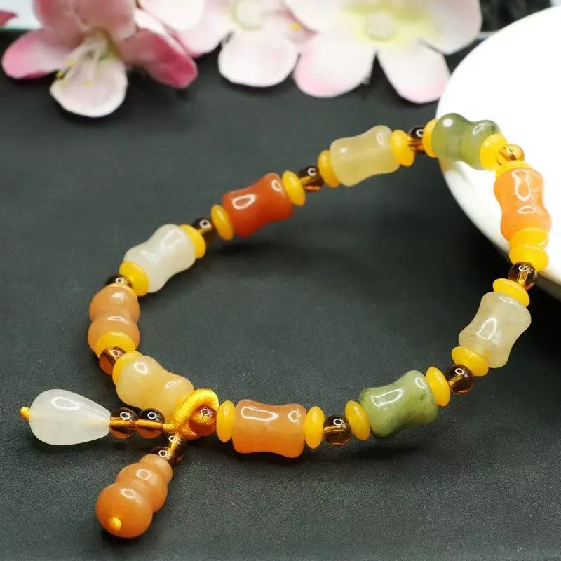 Natural Xinjiang Golden Silk Jade Small Bone Bead Bracelet Handmade Jade Yadan Gobi Colorful Jade Bracelet Ethnic Style Gift