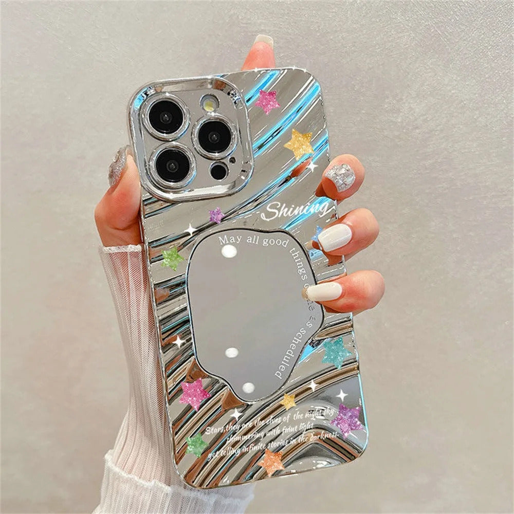 Pink Tulip Flower Phone Case For iPhone 11 Case iPhone 16 13 12 14 15 Pro Max Plating Make Up Mirror Wavy Soft Shockproof Cover