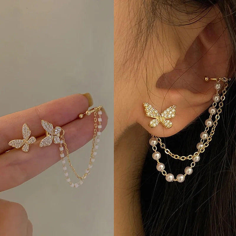 Rhinestone Butterfly Stud Earrings For Women Girls Korean Cute Fashion Metal Cuff Chain Tassel Boucle D'oreille Jewelry