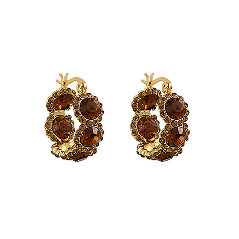 Brown Crystal Circle Ear Clip Women's Elegant Light Luxury Earrings High-Grade Earrings for Women