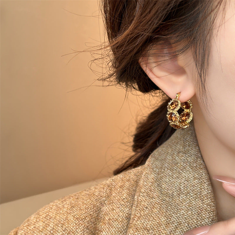 Brown Crystal Circle Ear Clip Women's Elegant Light Luxury Earrings High-Grade Earrings for Women