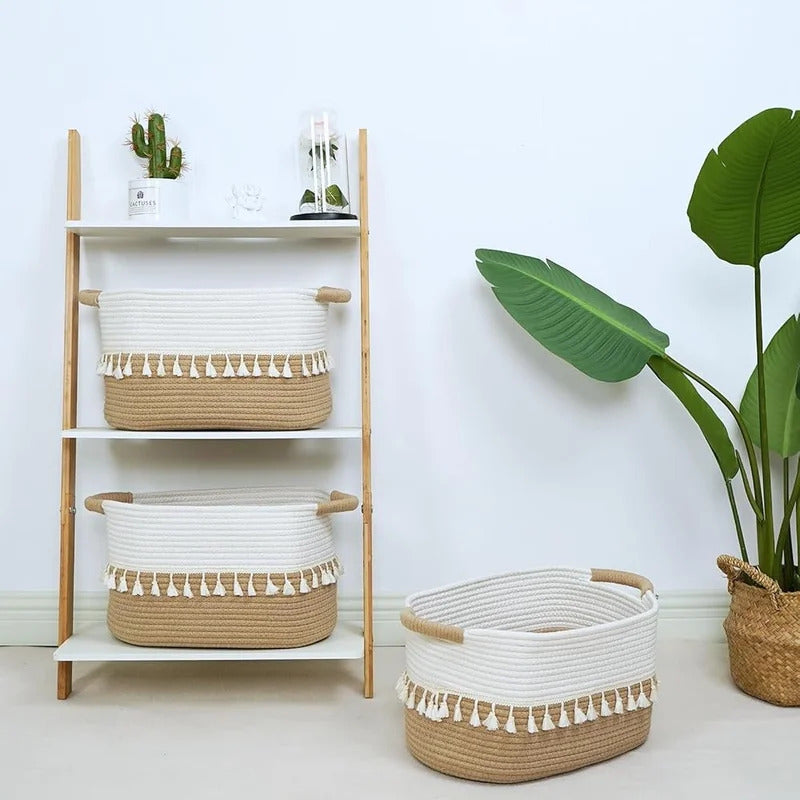 Set of 3 Woven Cotton Storage Bins Versatile Rope Baskets Organizing Home Toys Clothes and Essentials