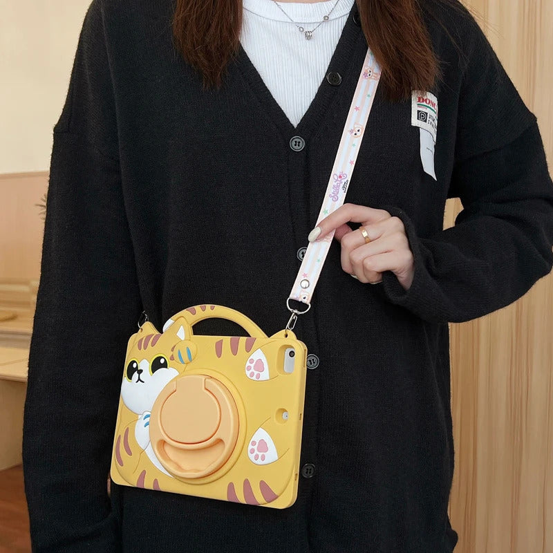 Cartoon Lucky Cat Silicone Case For Samsung Galaxy Tab A9 A7 Lite 8.7 S6 Lite 10.4 A8 X200 X205 Slot 360° Rotating Stand Cover