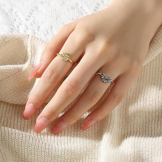 Cross-Border European and American Style Simple Design Sun and Moon Stackable Rings for Women with Diamonds Sun Moon Couple Rings