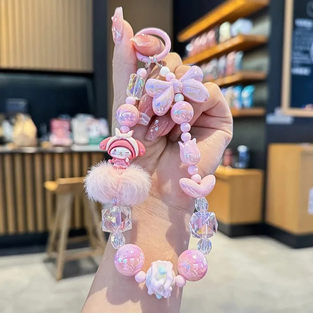 Sanrio Hello Kitty Melody Hairball Mobile Phone Chain Camera Pendant Kuromi Hand Painted Beaded Kawaii Bracelet Key Chain Gift