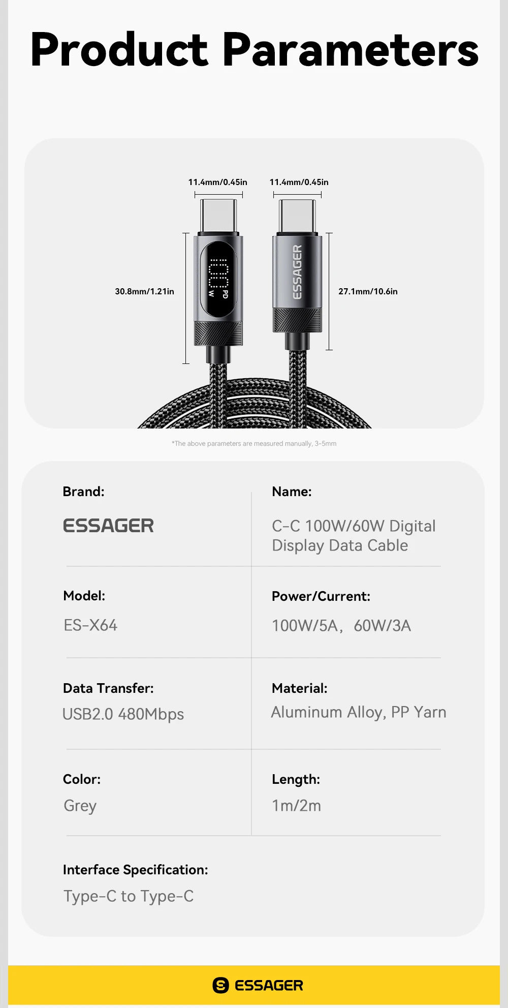 Essager Digital Dispaly USB C Cable For iPhone 16 15 Xiaomi Huawei 100W PD Fast Charging For Macbook iPad Type C to Type C Cable