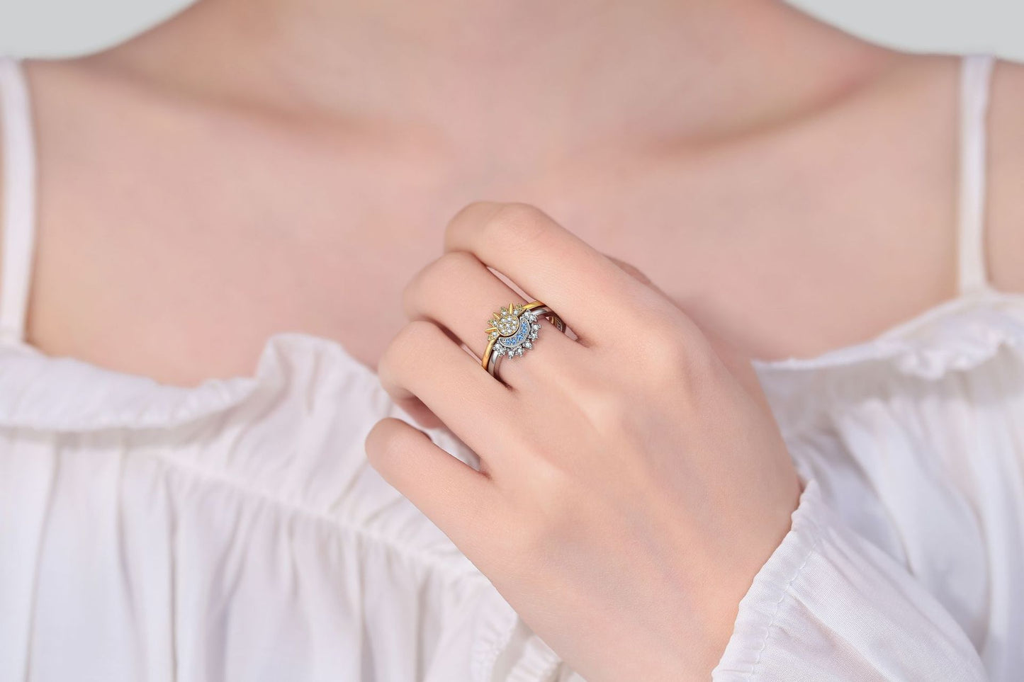 Cross-Border European and American Style Simple Design Sun and Moon Stackable Rings for Women with Diamonds Sun Moon Couple Rings