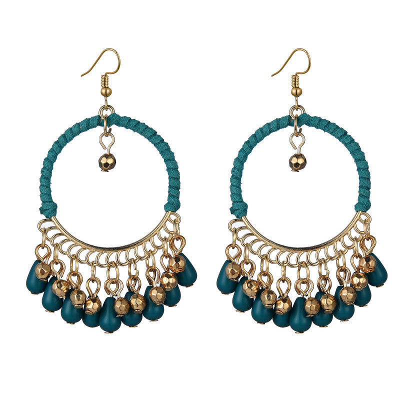 Ethnic Style Handwoven Earrings Bohemian Retro Round Water Drop Tassel Earrings