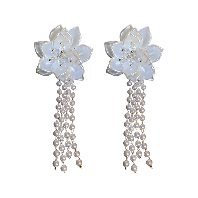 Silver Needle Inlaid with Diamonds and Pearls Flower Tassel Earrings Niche Style Atmosphere Earrings Fashionable Light Luxury High-end Earrings