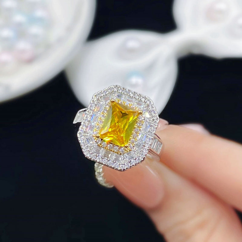 Hot New Princess Square Simulation Citrine Full Diamond Opening Ring Female Temperament Ring