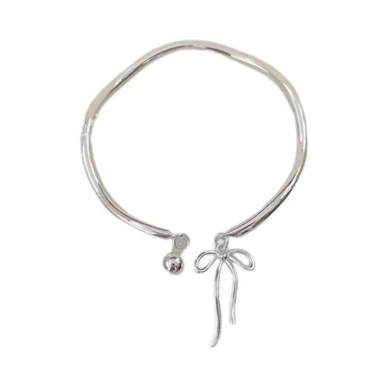 New Trendy Silver Color Bowknot Bracelet for Women Cute Romantic Round Ball Adjustable Cuff Bracelet Jewelry Birthday Gift