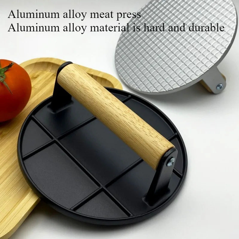 Cast Iron Burger Press Outdoor Non Stick Aluminum Alloy Rotundity Hand Meat Burger Press with Wooden Handle for Home Kitchen BBQ
