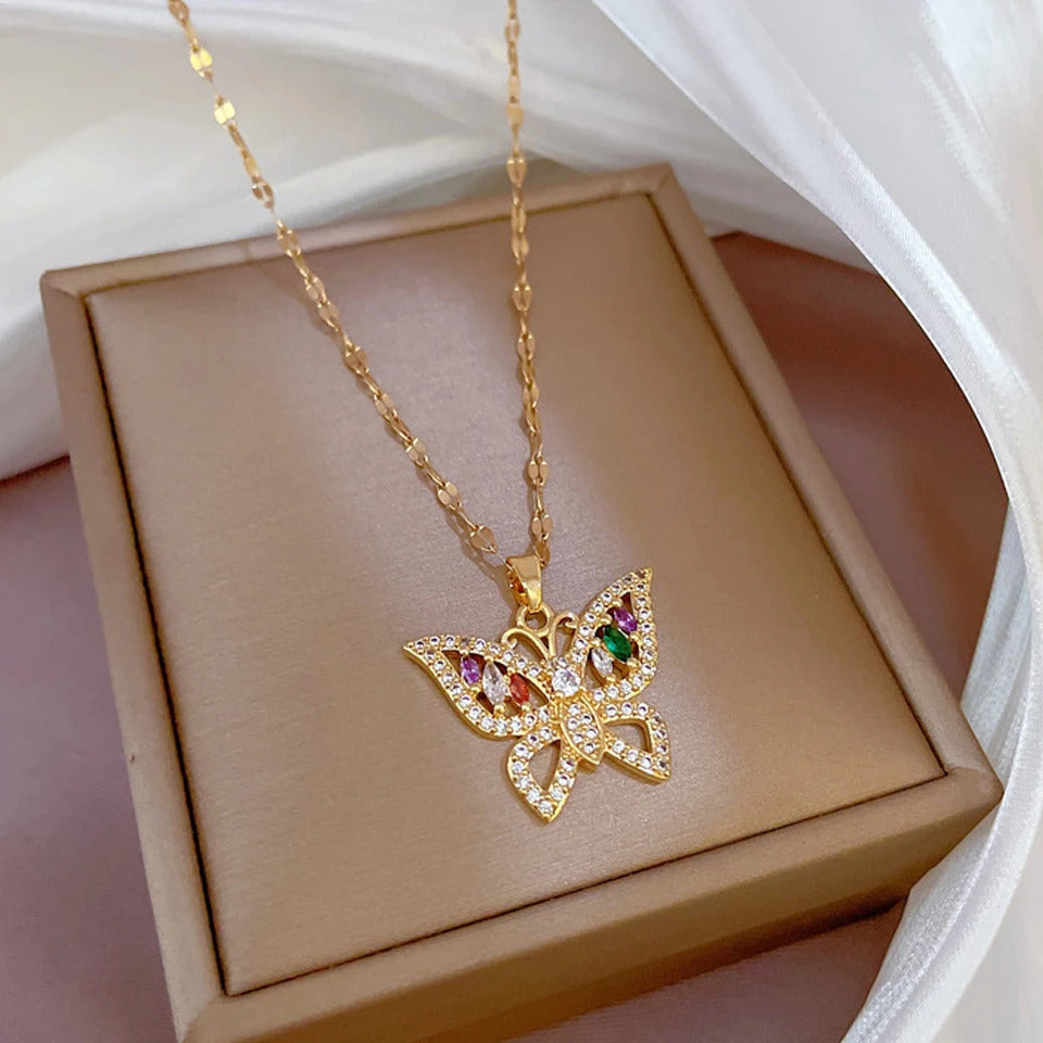 ZAKOL Classic Gold Color Stainless Steel Necklace For Women Shiny Zircon Geometric Heart Pendant Necklaces Jewelry Gift