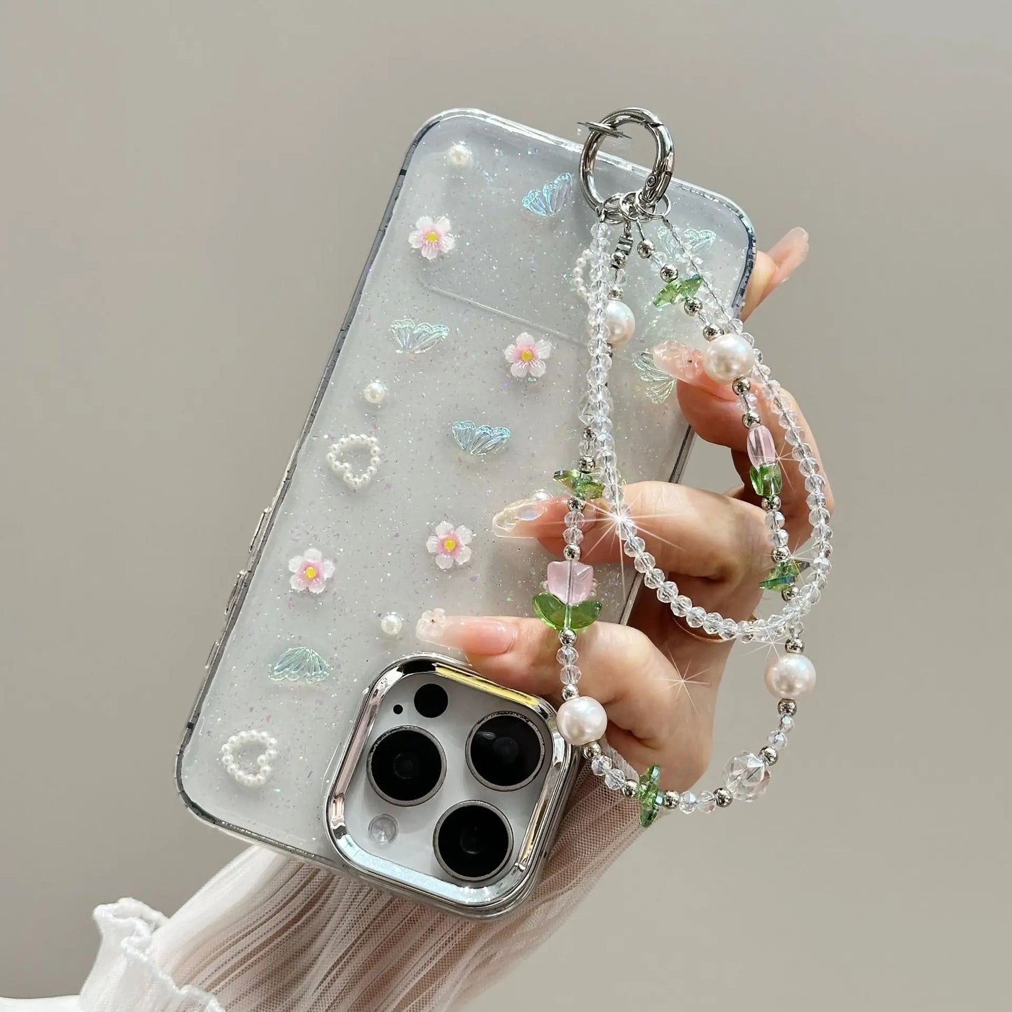 For 16 Mobile Phone Chain Dazzle Tulip Butterfly Double Chain Crystal 15 Mobile Phone Case Chain Lanyard Gradient Niche Fashion