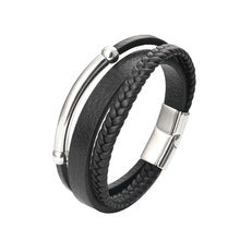 Personalized multi-layer woven leather bracelet men's hot sale stainless steel diamond bracelet gift jewelry