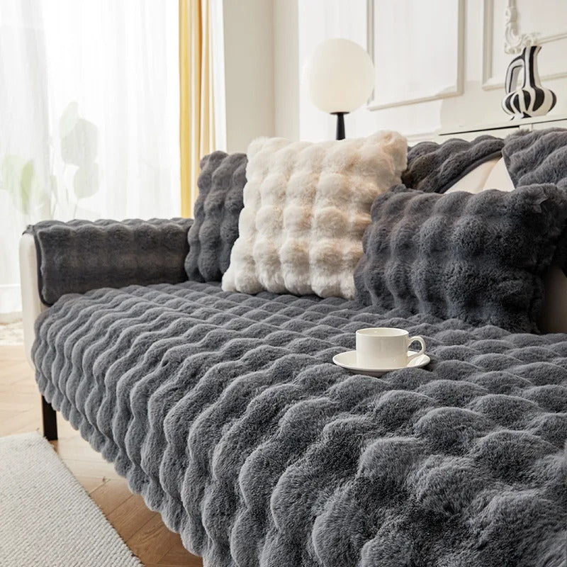 Rabbit Plush Sofa Cover Winter Thickening Warm Plush Cushions Non-Slip Living Room Leather Sofa Backrest Armrests Super Soft