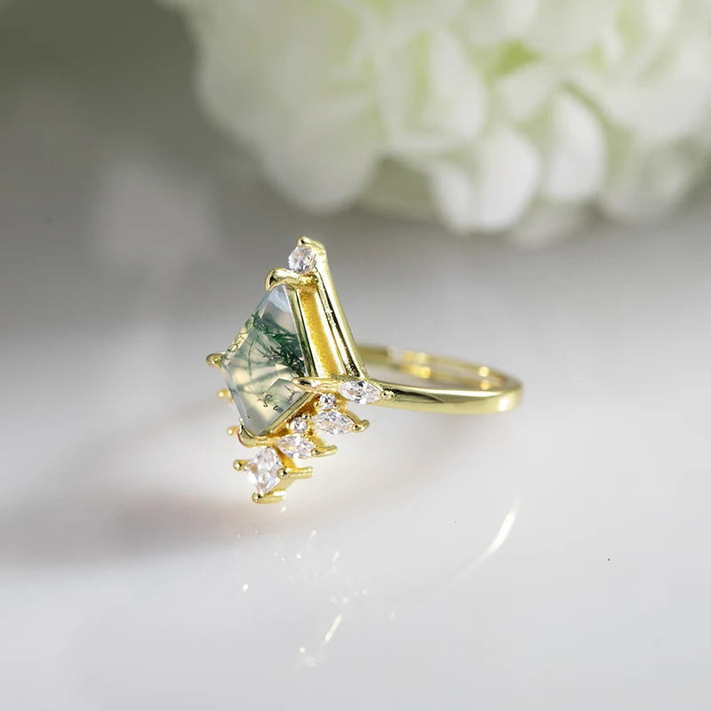 925 Sterling Silver Dainty Kite Shaped Moss Agate Ring for Woman Adjustable Moonstone Rings Handmade Jewelry Birthstone Gifts