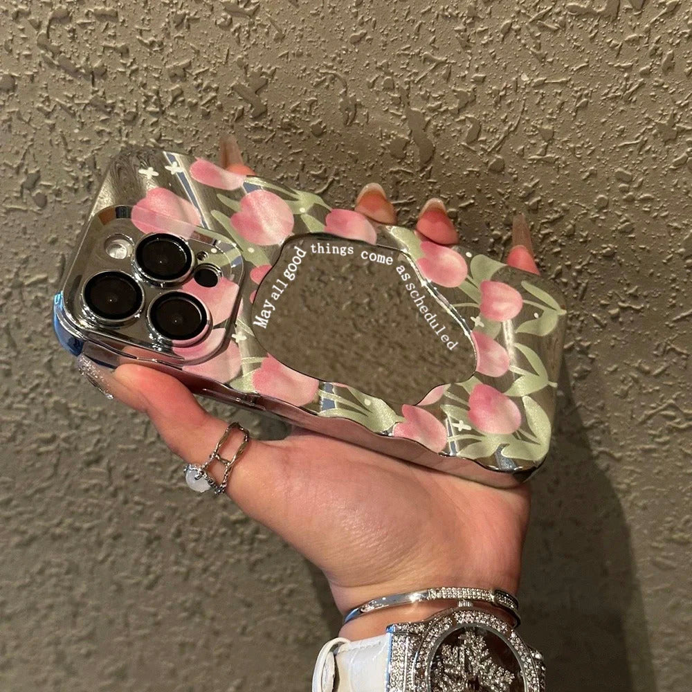 Pink Tulip Flower Phone Case For iPhone 11 Case iPhone 16 13 12 14 15 Pro Max Plating Make Up Mirror Wavy Soft Shockproof Cover