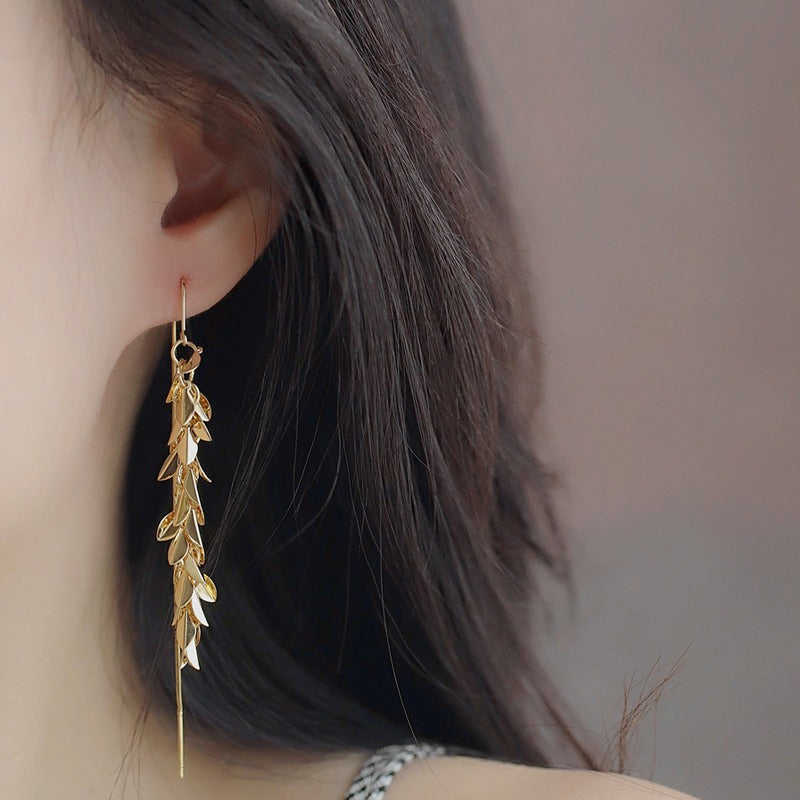 Unique Design Gold Wheat Ear Long Tassel Earrings Ear Thread Light Luxury Elegant Fashion Minimalist Style Earrings