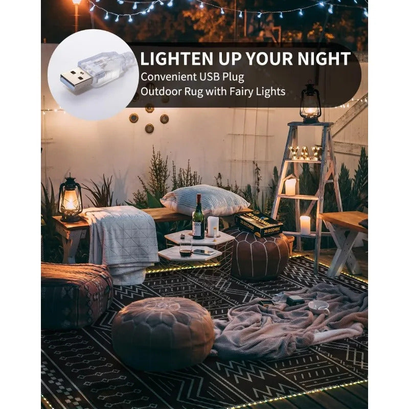 Outdoor Rug Carpet Waterproof 8x10 ft with LED Strip Lights-Patio Rug Mat Indoor Outdoor Rug for RV Camping Picnic