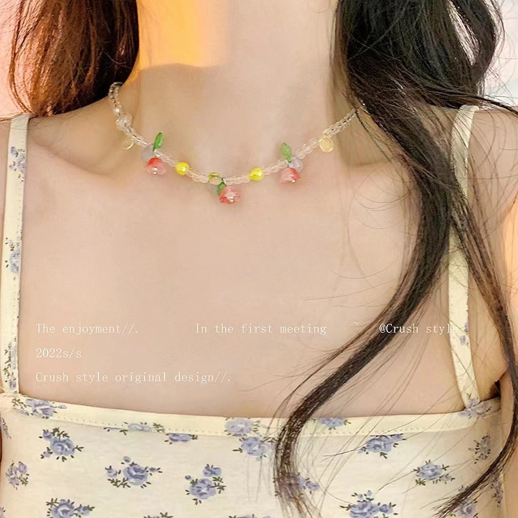 Candy-Colored Dopamine Necklace for Women All-Match Special-Interest Design Beaded Clavicle Chain Sweet Cool Hot Girl Necklace Online Influencer Jewelry