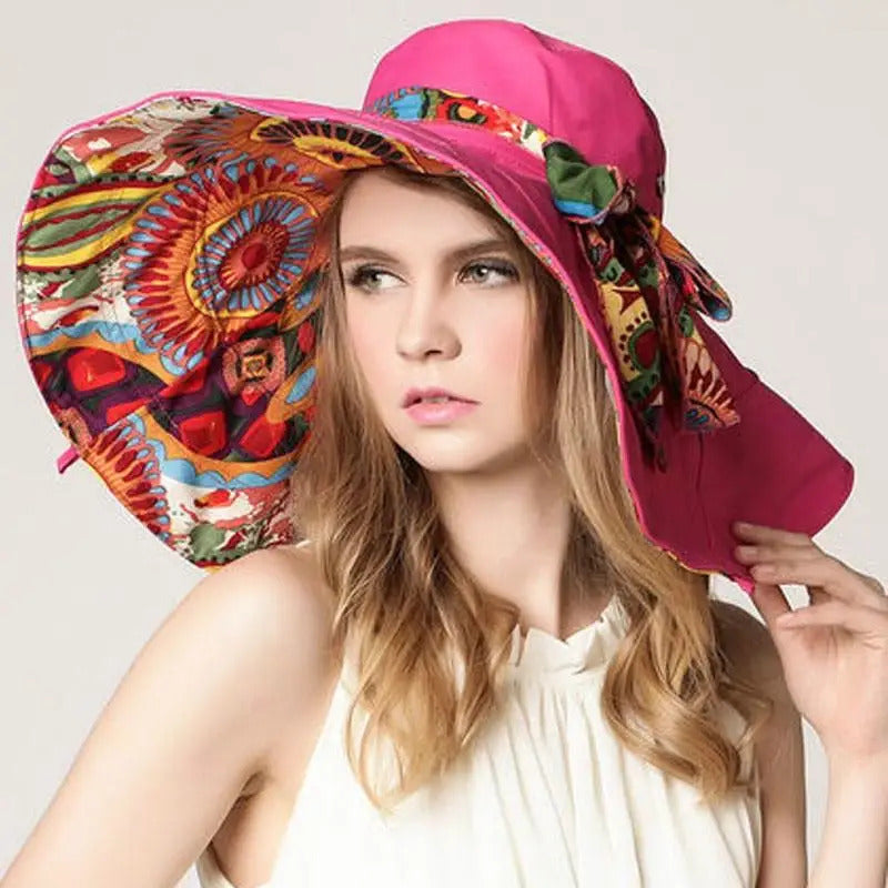 Sun Hats for Women Summer Large Beach Hat Flower Printed Wide Brim Bob Chapeu Panama Feminino